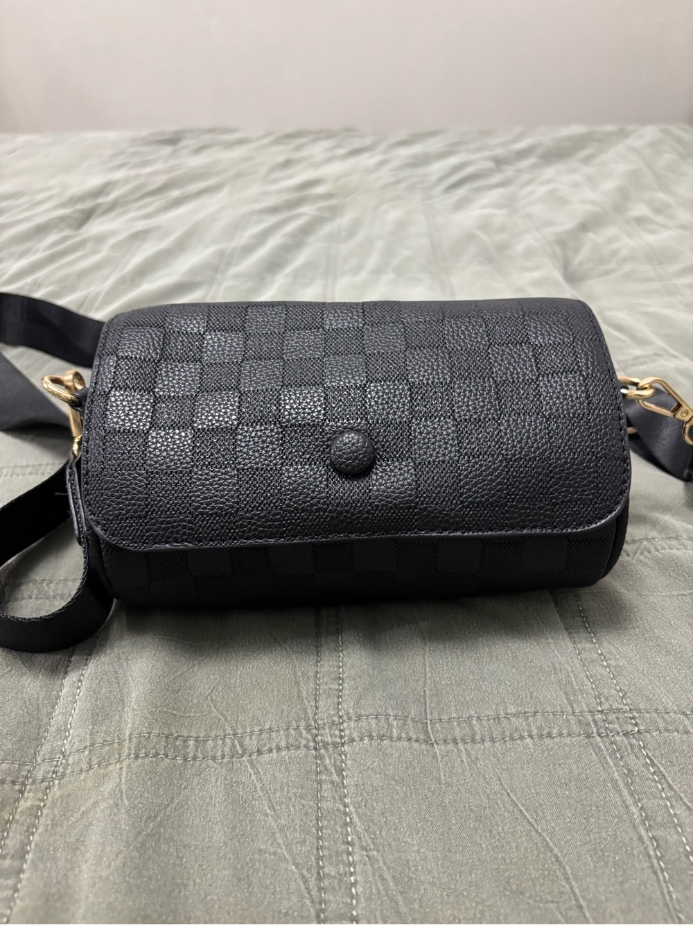 Black Checker Crossbody Bag with Adjustable Strap